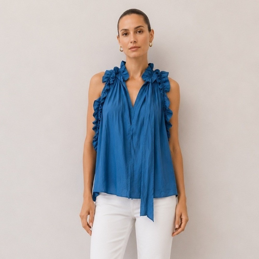 Robert Rodriguez Blue 100% Silk Ruffle Tie Designer Racerback Blouse | Size 4